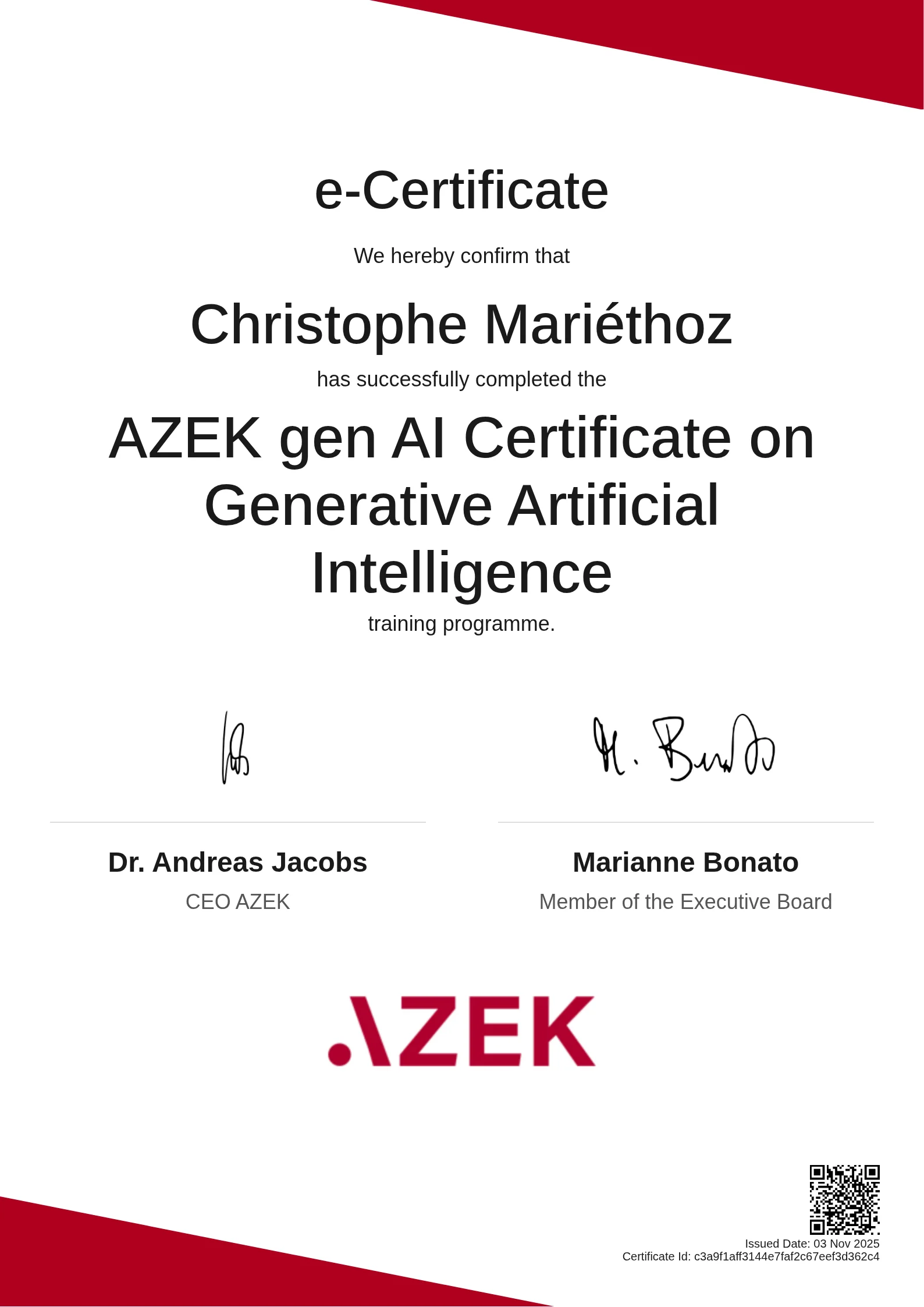 Christophe Mariéthoz | AZEK gen AI Certificate on Generative Artificial Intelligence