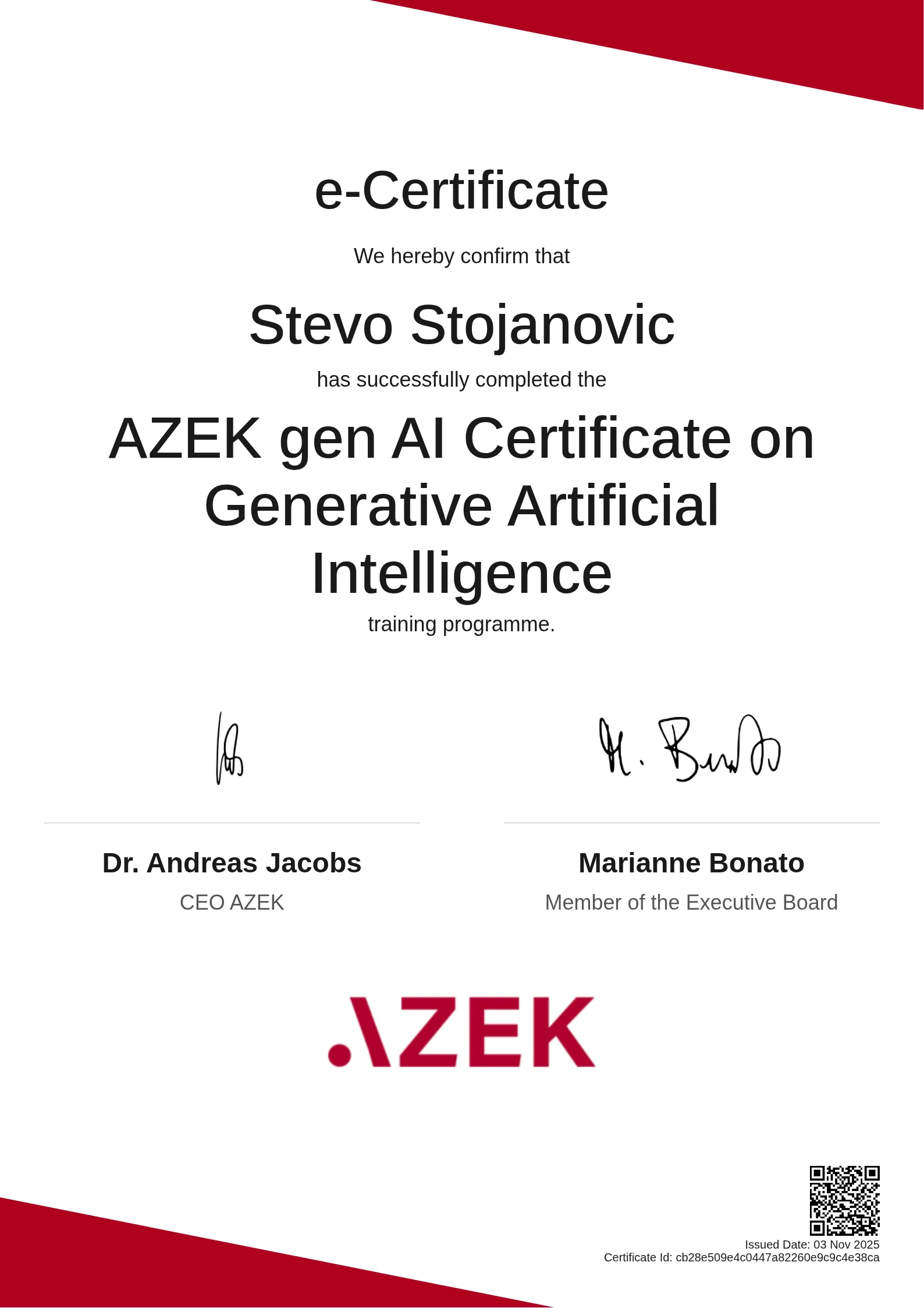 Stevo Stojanovic | AZEK gen AI Certificate on Generative Artificial Intelligence