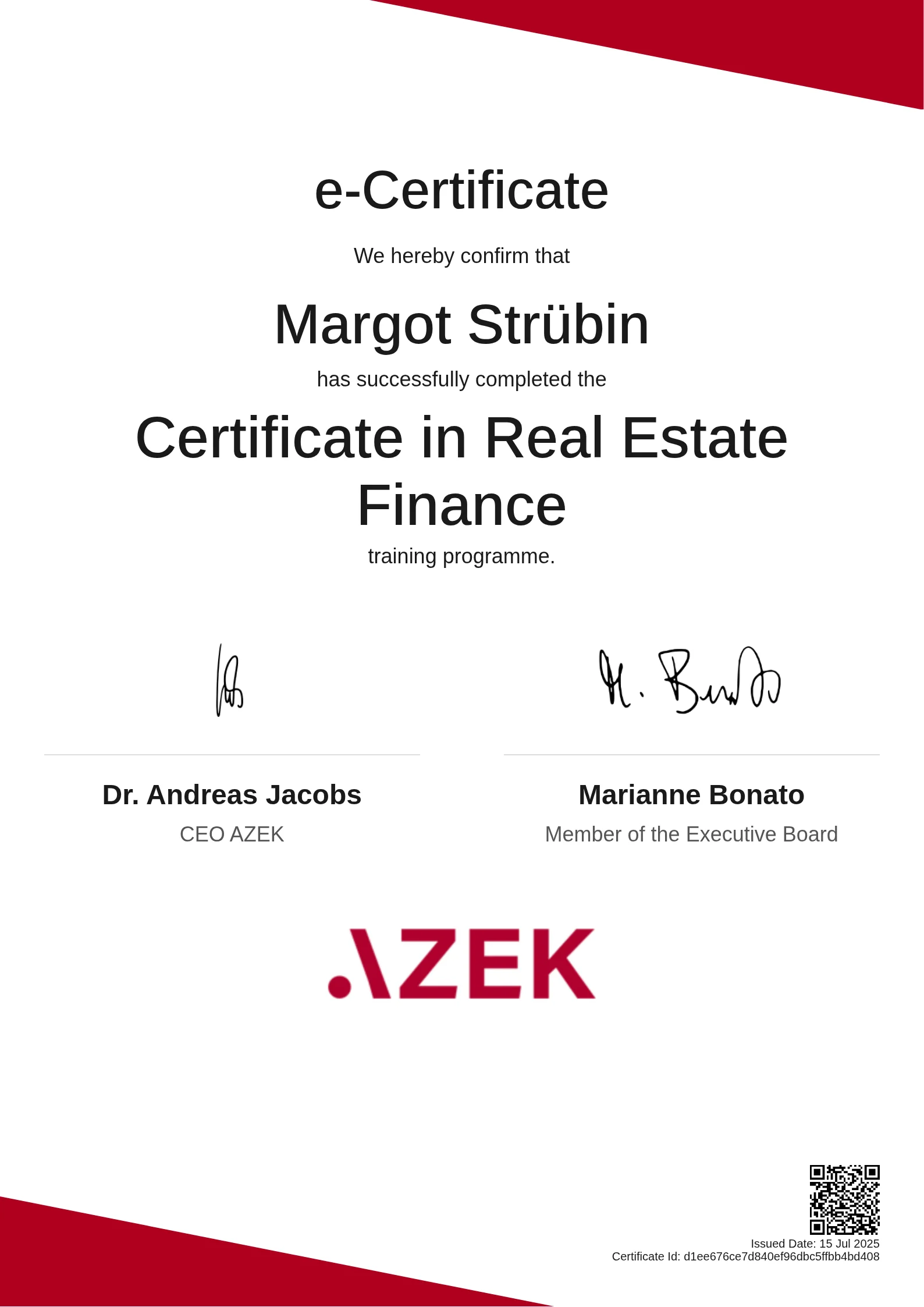  Margot Strübin  | Certificate in Real Estate Finance