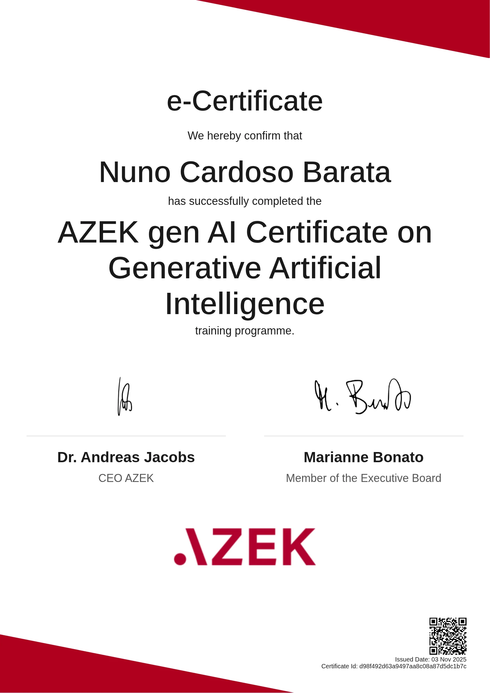 Nuno Cardoso Barata | AZEK gen AI Certificate on Generative Artificial Intelligence