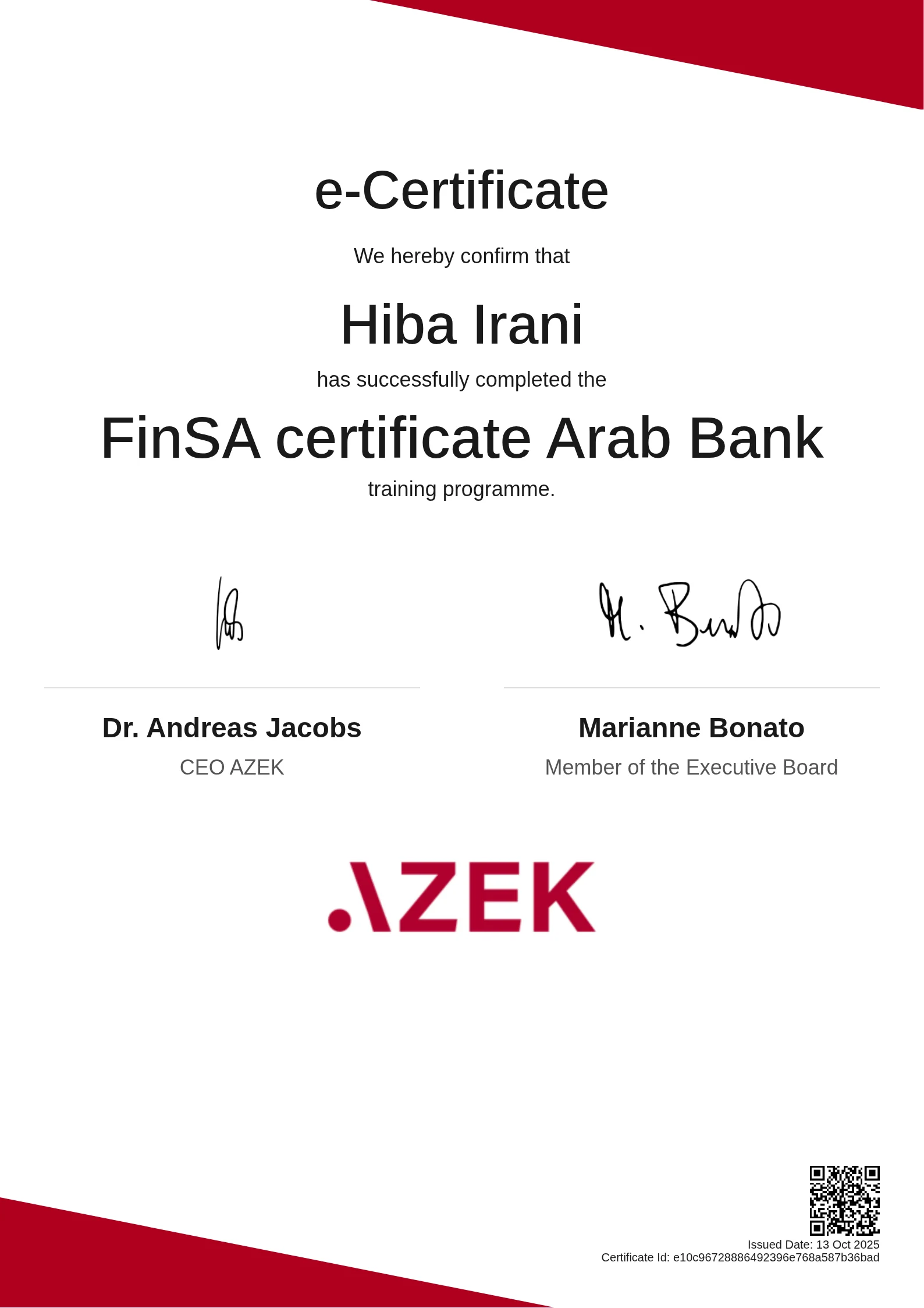 Hiba Irani | FinSA certificate Arab Bank