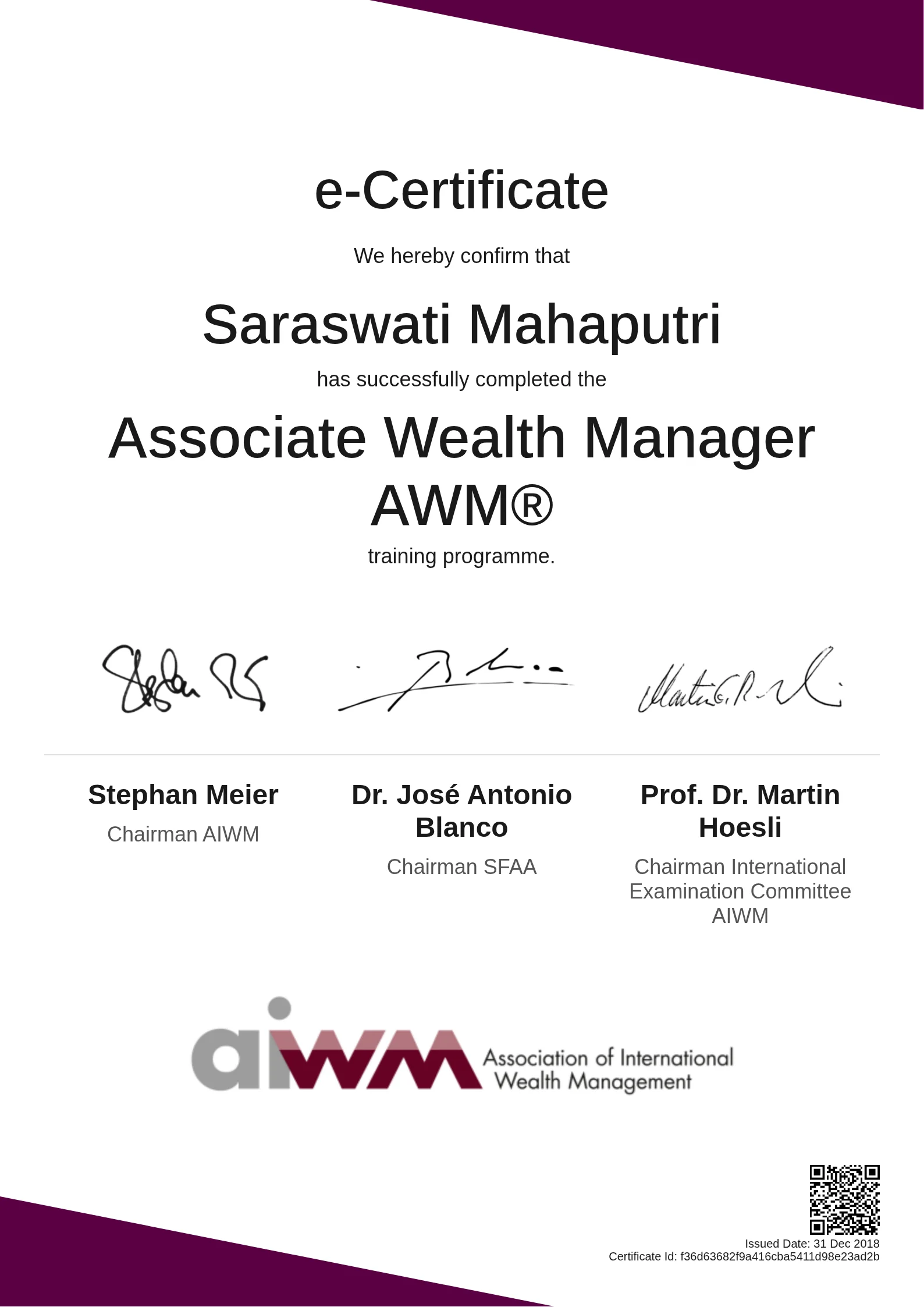  Saraswati Mahaputri | Associate Wealth Manager AWM®