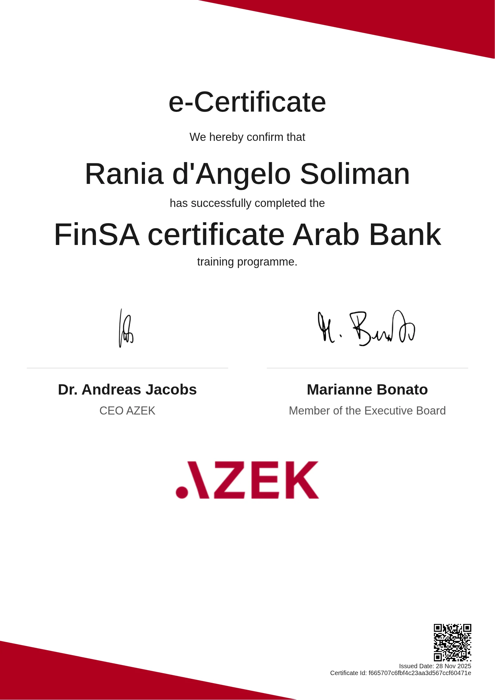 Rania d'Angelo Soliman | FinSA certificate Arab Bank