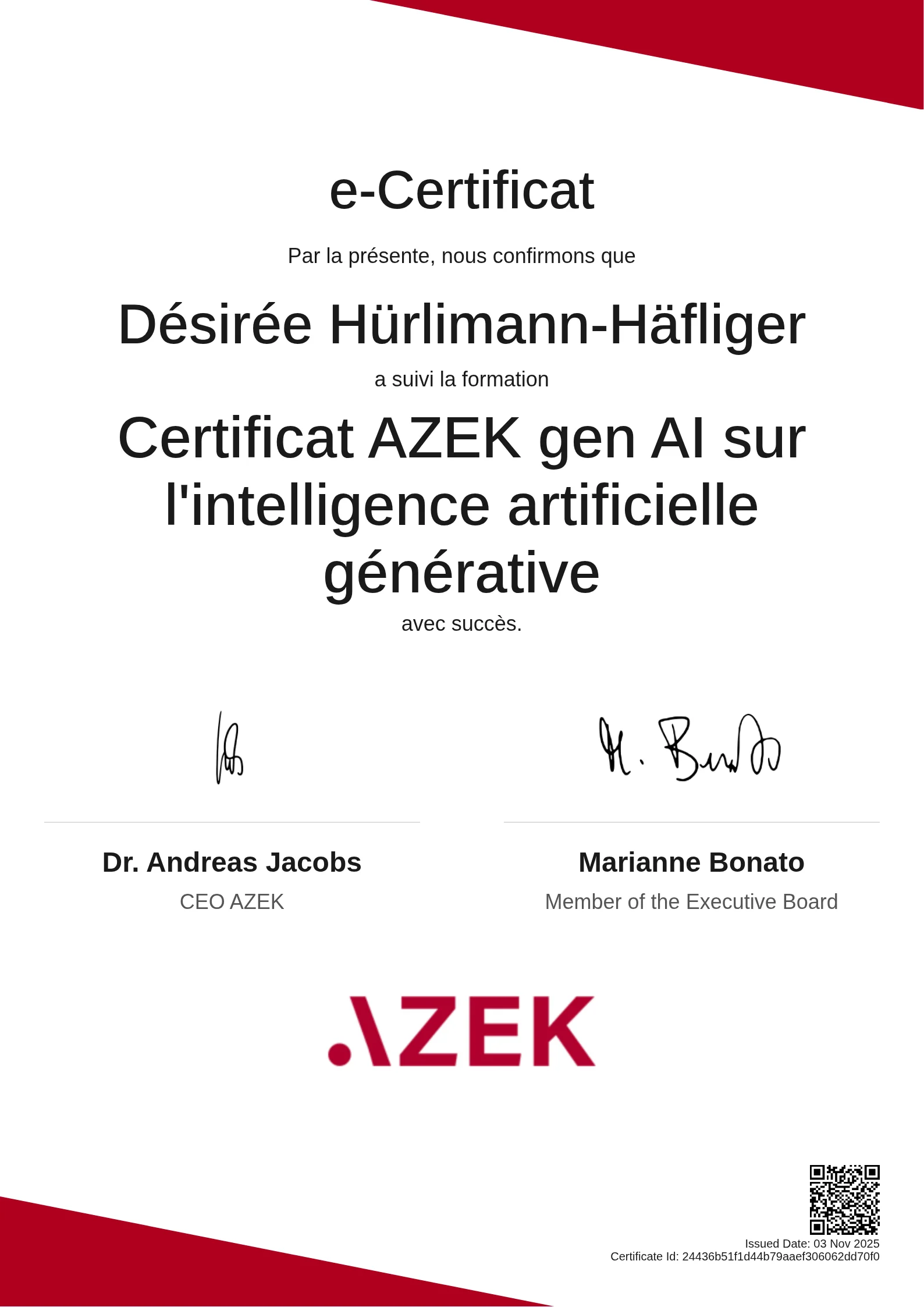 Désirée Hürlimann-Häfliger | Certificat AZEK gen AI sur l'intelligence artificielle générative
