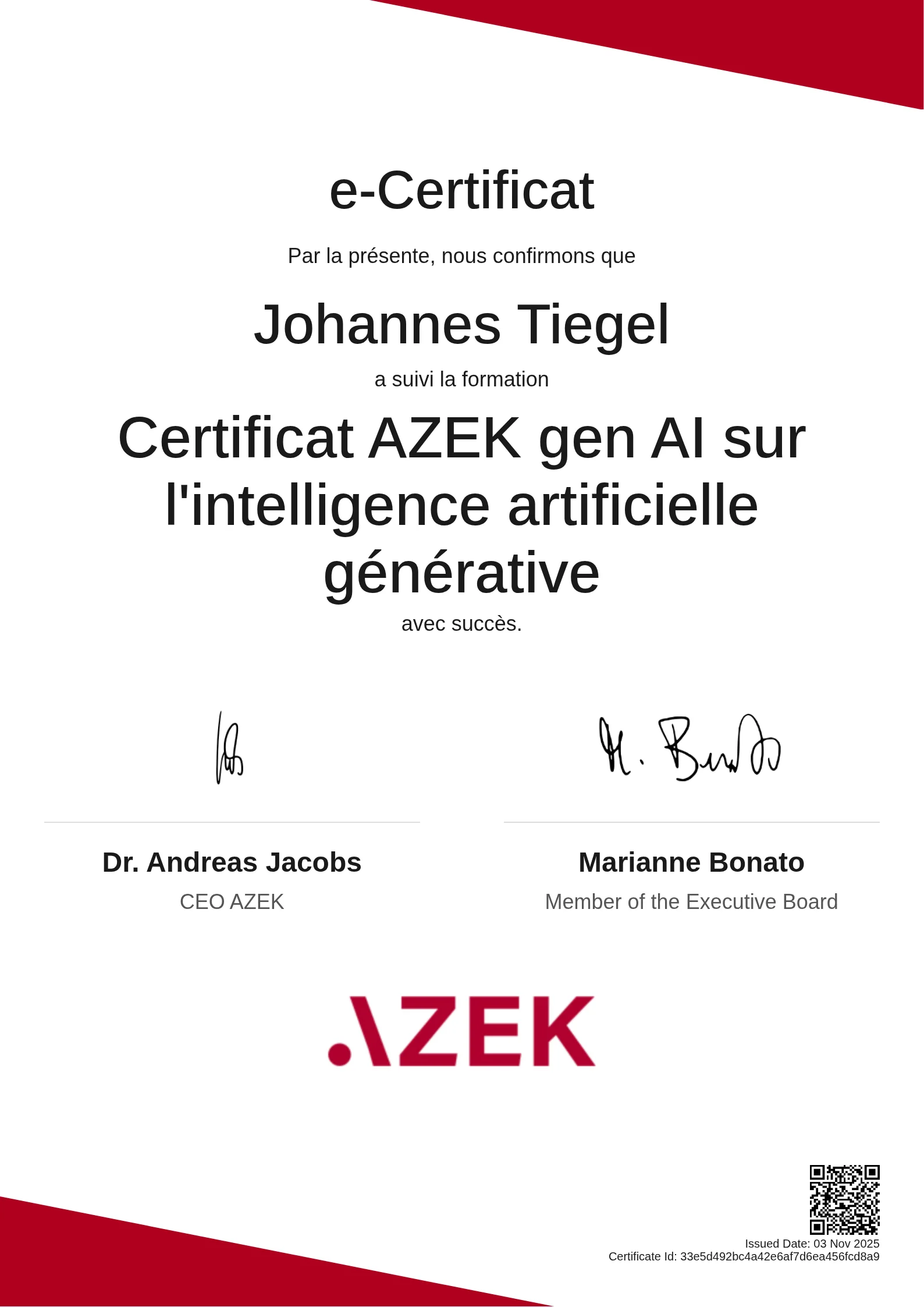Johannes Tiegel | Certificat AZEK gen AI sur l'intelligence artificielle générative