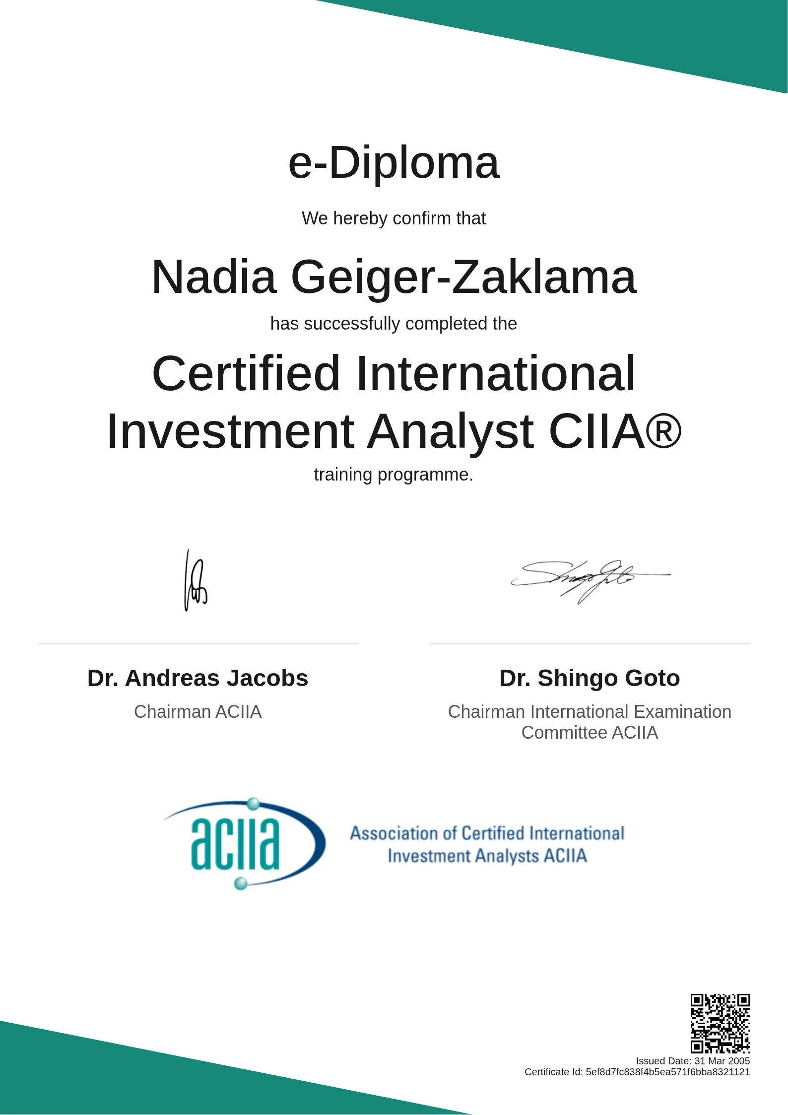 Nadia Geiger-Zaklama | Certified International Investment Analyst CIIA®