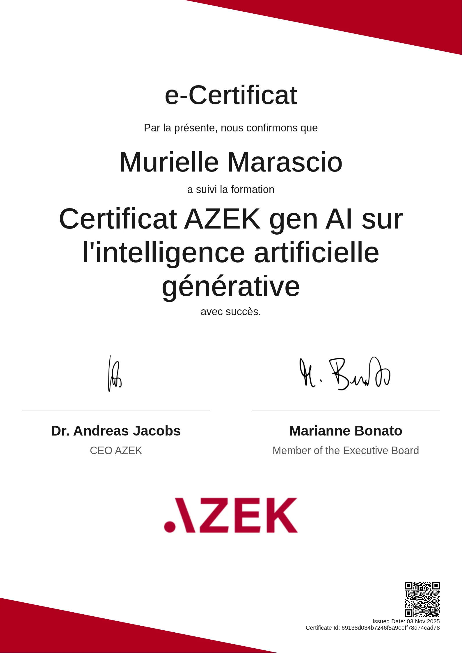 Murielle Marascio | Certificat AZEK gen AI sur l'intelligence artificielle générative