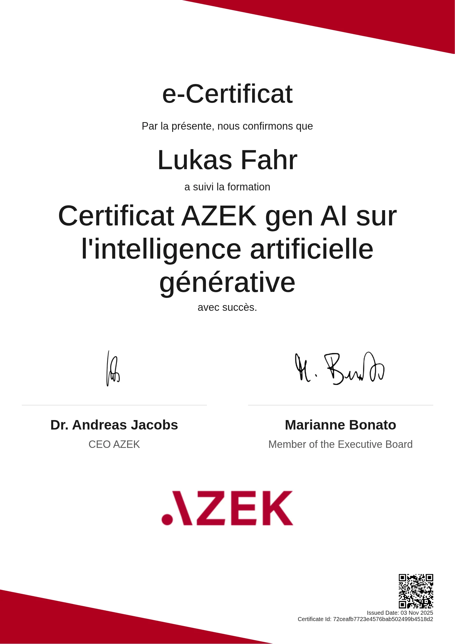 Lukas Fahr | Certificat AZEK gen AI sur l'intelligence artificielle générative