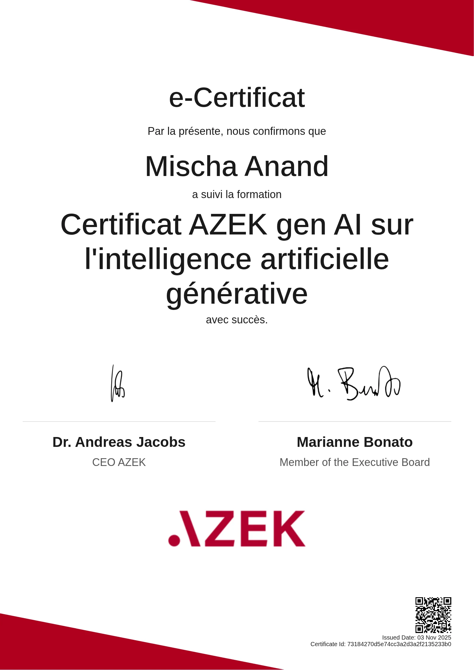 Mischa Anand | Certificat AZEK gen AI sur l'intelligence artificielle générative