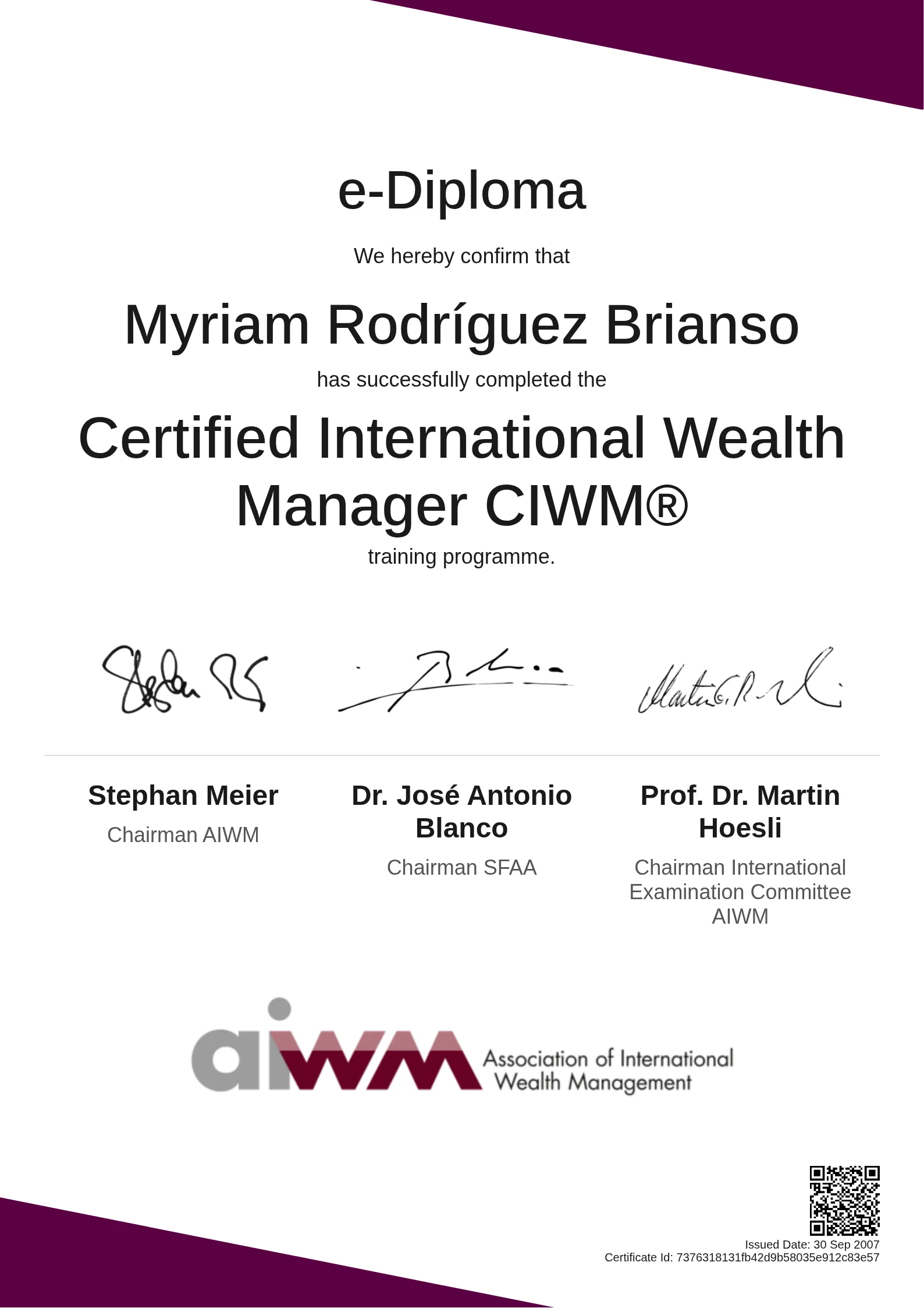 Myriam Rodríguez Brianso | Certified International Wealth Manager CIWM®