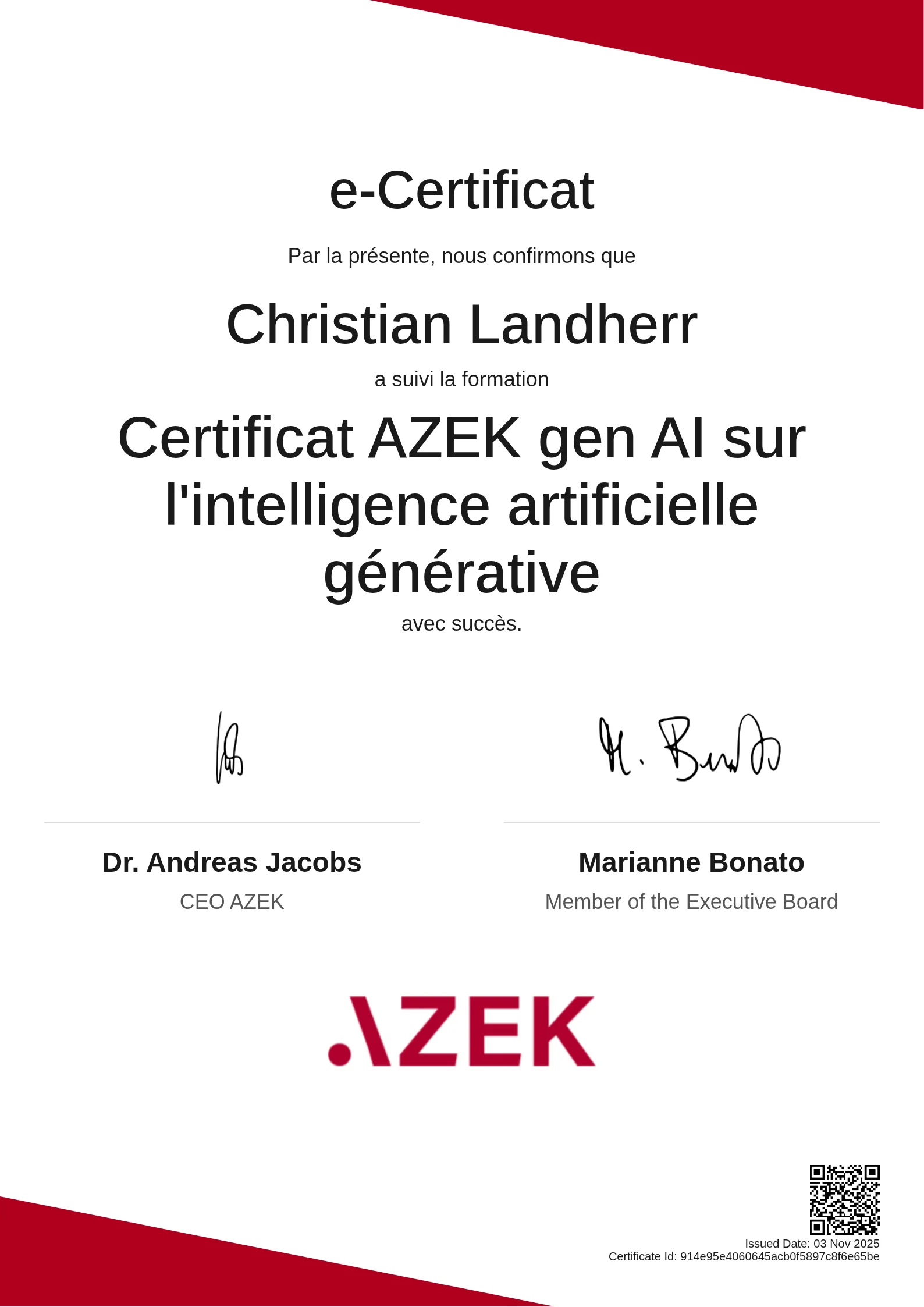 Christian Landherr | Certificat AZEK gen AI sur l'intelligence artificielle générative