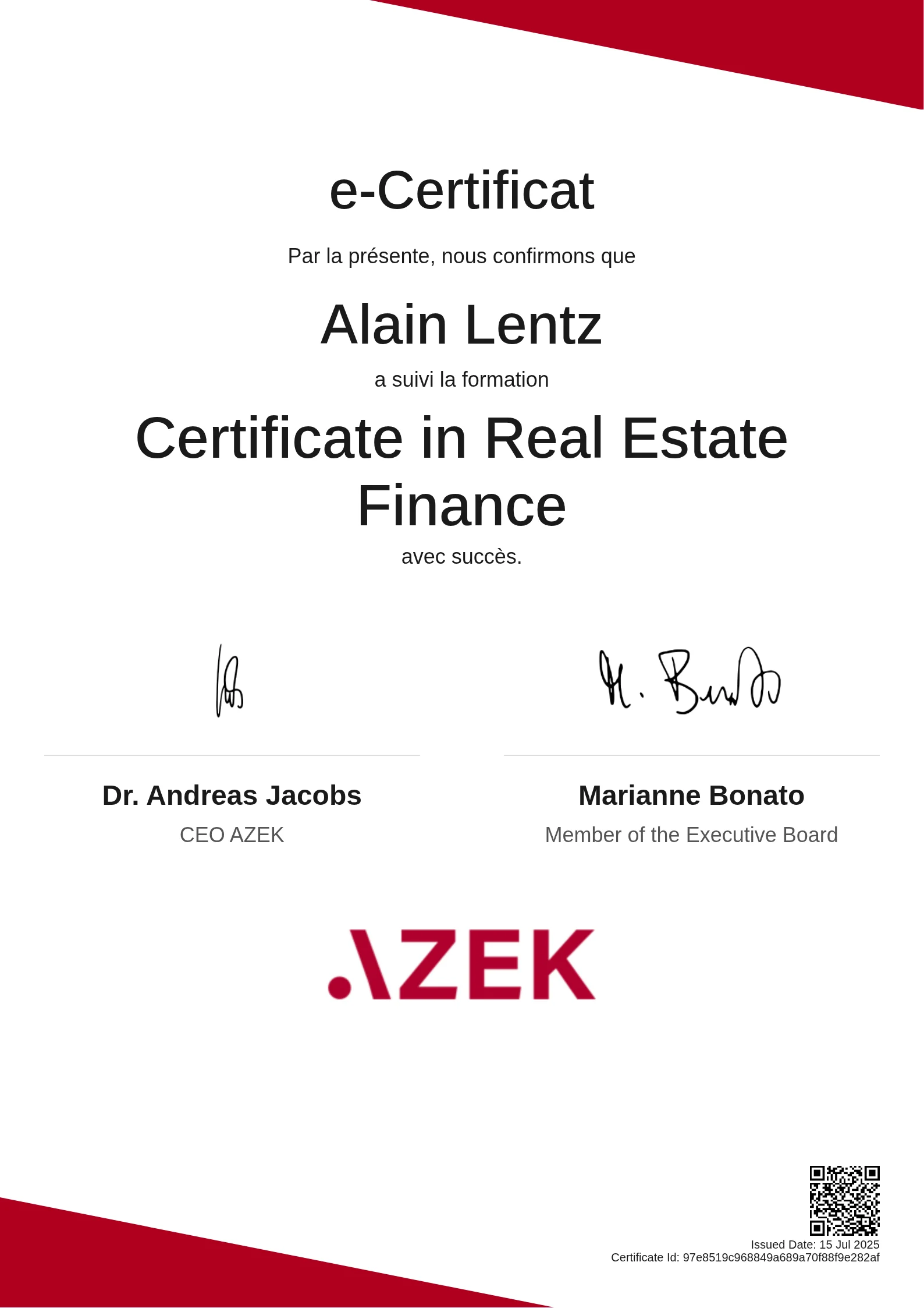 Alain Lentz | Certificate in Real Estate Finance