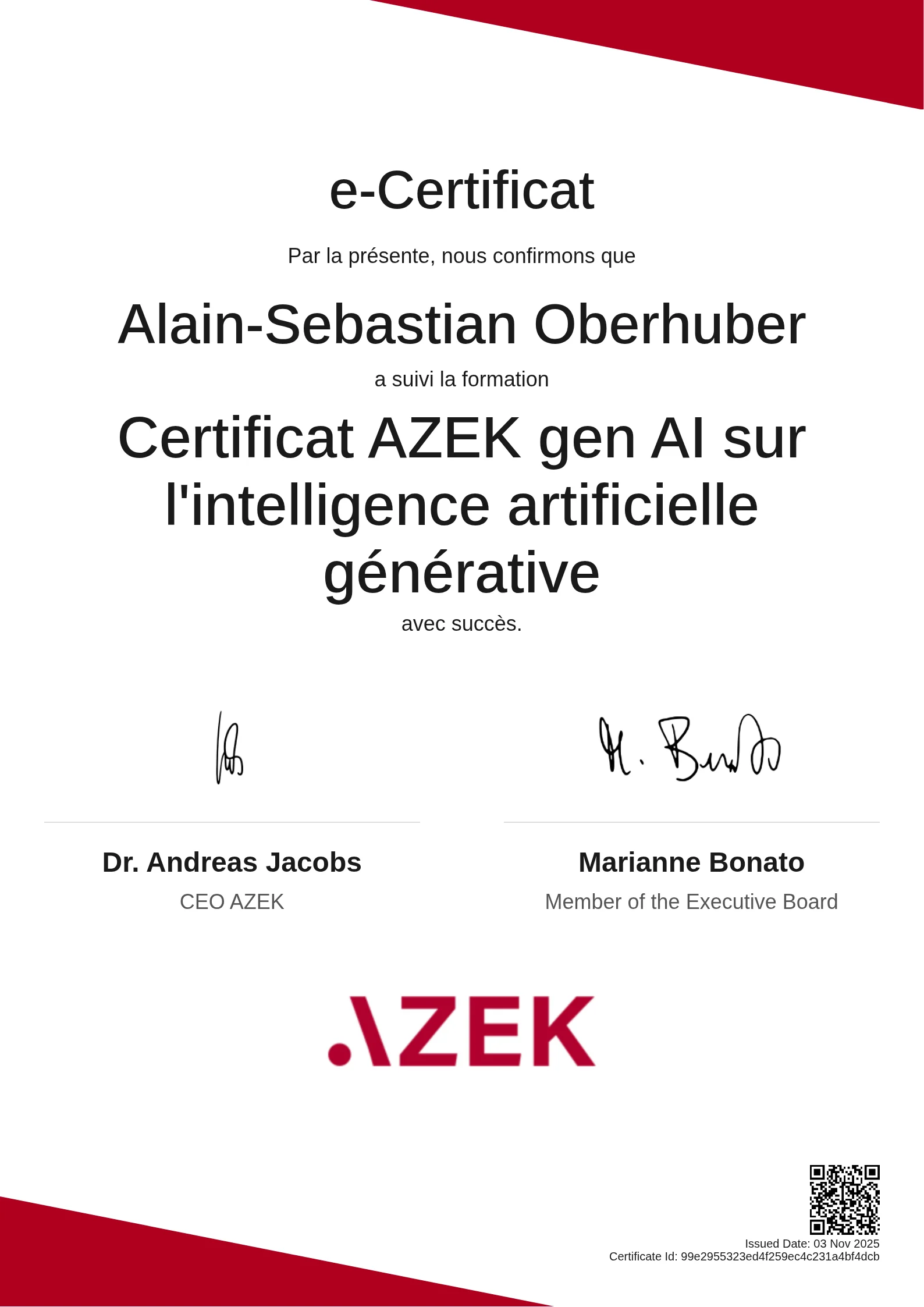 Alain-Sebastian Oberhuber | Certificat AZEK gen AI sur l'intelligence artificielle générative