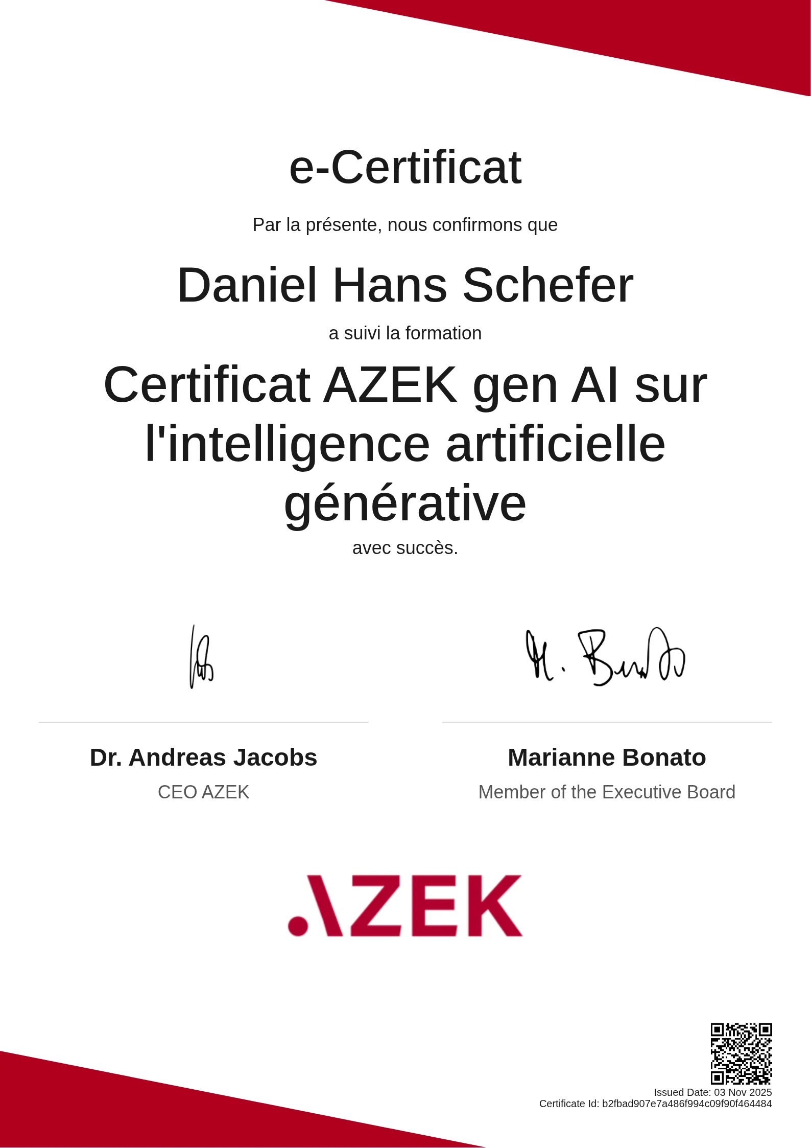 Daniel Hans Schefer | Certificat AZEK gen AI sur l'intelligence artificielle générative