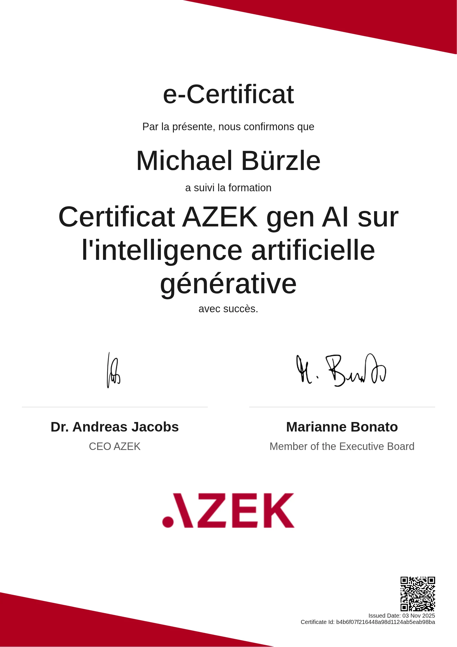 Michael Bürzle | Certificat AZEK gen AI sur l'intelligence artificielle générative
