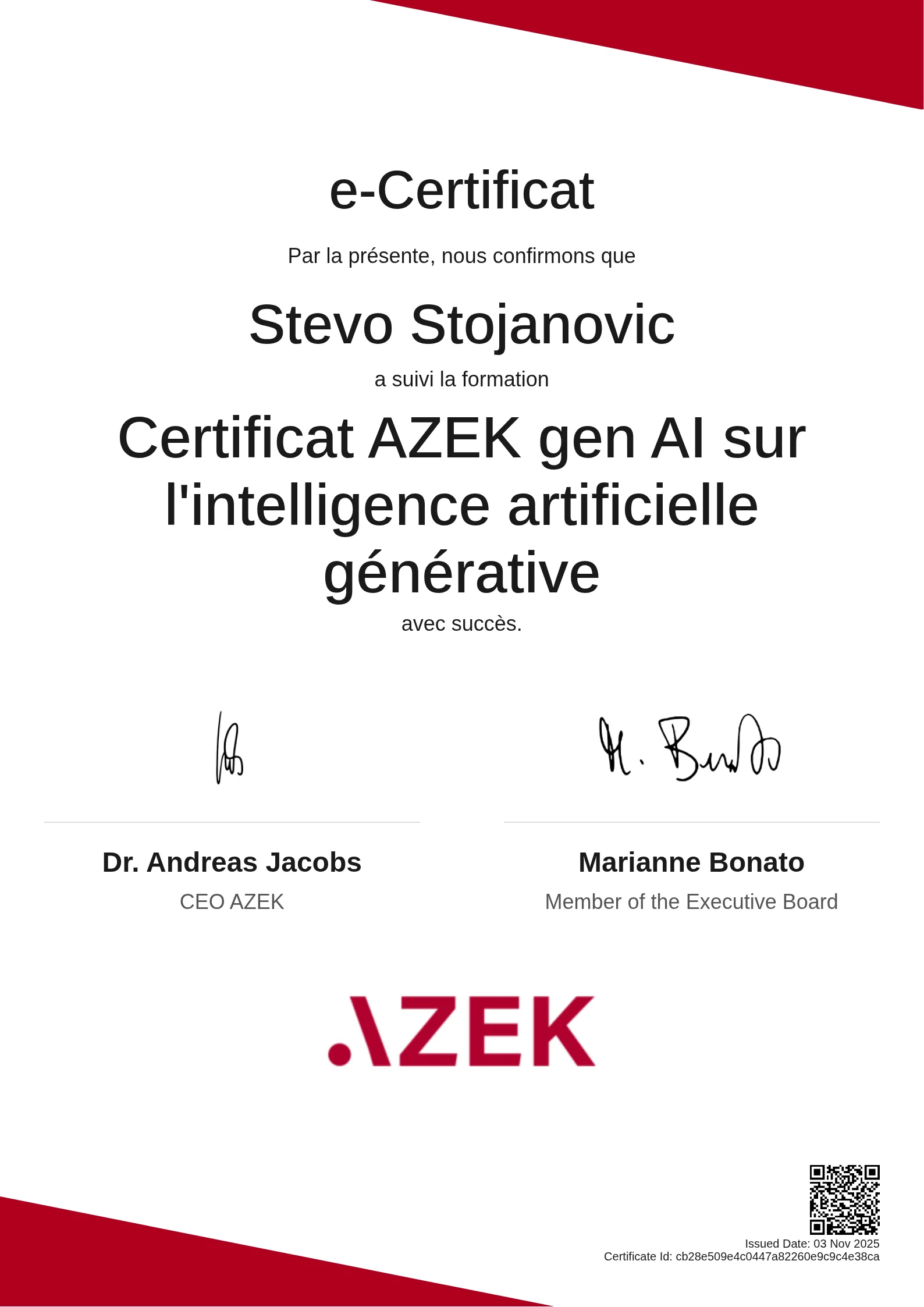 Stevo Stojanovic | Certificat AZEK gen AI sur l'intelligence artificielle générative