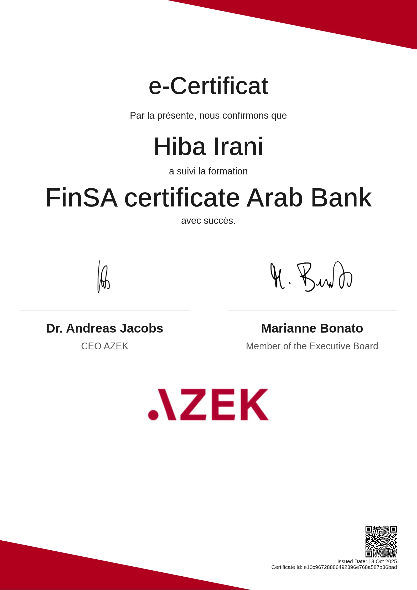 Hiba Irani | FinSA certificate Arab Bank